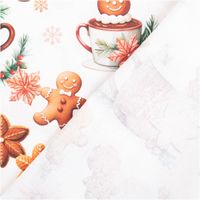 Baumwoll-Popeline Digitaldruck, Weihnachtsstoff in Ecru mit fröhlichen Lebkuchenmännern, Keksen, Schneeflocken, Tassen und weihnachtlichen Blütenmotiven in Braun und Rot - mit Rueckseite