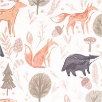 92520-Sweatstoff-aus-Baumwolle-Digitaldruck-Forest-Animals-offwhite-1-48m-Breite-IMG-7217.jpg Sweatstoff mit Digitaldruck, Motiv Waldtiere wie Fuchs, Dachs und Reh in Naturtönen, auf offwhite Hintergrund mit Bäumen, Blättern und Eicheln - Nahaufnahme