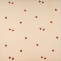 92525-Jersey-Stoff-Baumwolljersey-aepfel-beige-rot-1-50m-Breite-IMG-7485.jpg Beiger Baumwolljersey mit kleinen roten Äpfeln und grünen Blättern als Muster. Weicher, elastischer Jersey – ideal für Kinderkleidung und Shirts - Vollansicht