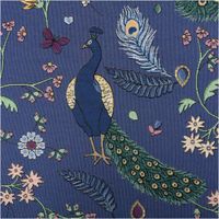 Gobelin Premium Dekostoff blau mit detailreichen Pfauen, Blumenranken, Blättern und Schmetterlingen, reich verziert, edler floraler Tierprint. - Nahaufnahme