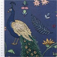 Gobelin Premium Dekostoff blau mit detailreichen Pfauen, Blumenranken, Blättern und Schmetterlingen, reich verziert, edler floraler Tierprint. - mit Massband