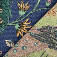 Gobelin Premium Dekostoff blau mit detailreichen Pfauen, Blumenranken, Blättern und Schmetterlingen, reich verziert, edler floraler Tierprint - mit Rueckseite