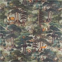 Baumwoll-Dekostoff in Grün mit detailliertem Waldmotiv, zeigt Rehe, Füchse, Hasen, Eulen, Wölfe und andere Tiere zwischen Bäumen und Pflanzen - Vollansicht