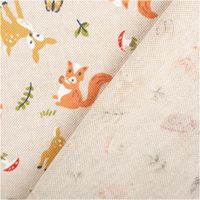 Naturfarbener Dekostoff Halbpanama mit Waldtier-Motiven wie Reh, Fuchs, Eule, Igel und Eichhörnchen, ergänzt durch Blätter, Pilze und kleine Insekten - mit Rueckseite