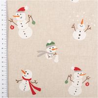 92541-Dekostoff-Weihnachtsstoff-Leinenlook-Xmas-Happy-Snowman-Schneemann-natur-weiss-1-4m-Breite-IMG-7648.jpg ekostoff Weihnachtsstoff im Leinenlook, naturfarben mit weißen Schneemännern in Mützen und Schals, teils mit Schneebällen oder Weihnachtskugeln verziert - mit Massband