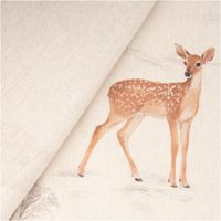 Baumwollstoff Dekostoff natur mit Winterwald-Motiv, zeigt Hirsche, Rehe, Füchse, Hasen und Vögel zwischen kahlen Bäumen und roten Beeren - mit Rueckseite