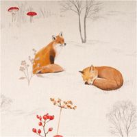 92542-Baumwollstoff-Dekostoff-Winter-Forest-Animals-Waldtiere-natur-1-40m-Breite-IMG-7687.jpg Baumwollstoff Dekostoff natur mit Winterwald-Motiv, zeigt Hirsche, Rehe, Füchse, Hasen und Vögel zwischen kahlen Bäumen und roten Beeren - Nahaufnahme