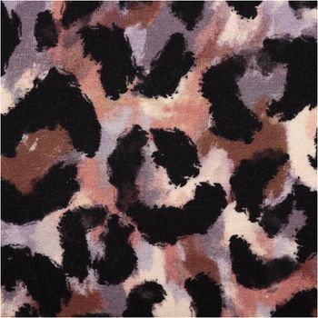 Baumwolljersey von Poppy Fabrics mit abstraktem Leopardenmuster in Schwarz, Lila und Braun auf hellem Hintergrund - Nahaufnahme