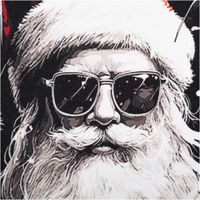 92594-Sweatstoff-Cool-Santa-schwarz-Weihnachtsstoff-angeraute-Innenseite-250g-qm-158cm-Breite-IMG-7506.jpg Schwarzer Sweatstoff mit großem Weihnachtsmann-Motiv: Santa mit langer weißer Bartmähne, roter Mütze und Sonnenbrille, cool und modern dargestellt, auf schwarzem Hintergrund mit Schneeflocken - Nahaufnahme