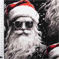 92594-Sweatstoff-Cool-Santa-schwarz-Weihnachtsstoff-angeraute-Innenseite-250g-qm-158cm-Breite-IMG-7507.jpg Schwarzer Sweatstoff mit großem Weihnachtsmann-Motiv: Santa mit langer weißer Bartmähne, roter Mütze und Sonnenbrille, cool und modern dargestellt, auf schwarzem Hintergrund mit Schneeflocken - mit Massband