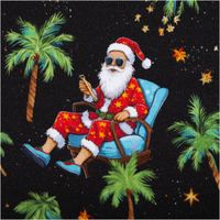 Schwarzer Weihnachtsstoff mit bunten Palmen, Sternen und Santa im Sommerlook mit Sonnenbrille und Hawaiihemd, teils sitzend, teils stehend - Nahaufnahme