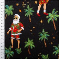 Schwarzer Weihnachtsstoff mit bunten Palmen, Sternen und Santa im Sommerlook mit Sonnenbrille und Hawaiihemd, teils sitzend, teils stehend - mit Massband