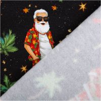 Schwarzer Weihnachtsstoff mit bunten Palmen, Sternen und Santa im Sommerlook mit Sonnenbrille und Hawaiihemd, teils sitzend, teils stehend - mit Rueckseite