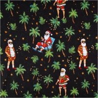 92595-French-Terry-Stoff-Hawaii-Santa-schwarz-Weihnachtsstoff-angeraute-Innenseite-240g-qm-145cm-Breite-IMG-7498.jpg Schwarzer Weihnachtsstoff mit bunten Palmen, Sternen und Santa im Sommerlook mit Sonnenbrille und Hawaiihemd, teils sitzend, teils stehend - Vollansicht