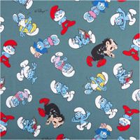 92597-Jersey-Stoff-Schluempfe-blaugrau-Baumwolljersey-200g-qm-152cm-Breite-IMG-7519.jpg Blaugrauer Baumwolljersey mit Schlümpfe-Motiven: verschiedene Figuren wie Papa Schlumpf mit roter Mütze, Schlumpfine, andere Schlümpfe in unterschiedlichen Posen sowie der Bösewicht Gargamel, bunt verteilt auf dem Stoff - Vollansicht