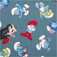 92597-Jersey-Stoff-Schluempfe-blaugrau-Baumwolljersey-200g-qm-152cm-Breite-IMG-7520.jpg Blaugrauer Baumwolljersey mit Schlümpfe-Motiven: verschiedene Figuren wie Papa Schlumpf mit roter Mütze, Schlumpfine, andere Schlümpfe in unterschiedlichen Posen sowie der Bösewicht Gargamel, bunt verteilt auf dem Stoff - Nahaufnahme