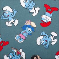 92597-Jersey-Stoff-Schluempfe-blaugrau-Baumwolljersey-200g-qm-152cm-Breite-IMG-7522.jpg Blaugrauer Baumwolljersey mit Schlümpfe-Motiven: verschiedene Figuren wie Papa Schlumpf mit roter Mütze, Schlumpfine, andere Schlümpfe in unterschiedlichen Posen sowie der Bösewicht Gargamel, bunt verteilt auf dem Stoff - Detailaufnahme