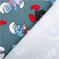 92597-Jersey-Stoff-Schluempfe-blaugrau-Baumwolljersey-200g-qm-152cm-Breite-IMG-7524.jpg Blaugrauer Baumwolljersey mit Schlümpfe-Motiven: verschiedene Figuren wie Papa Schlumpf mit roter Mütze, Schlumpfine, andere Schlümpfe in unterschiedlichen Posen sowie der Bösewicht Gargamel, bunt verteilt auf dem Stoff - mit Rueckseite