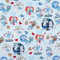 Jersey Stoff in Hellblau mit Schlümpfe-Motiven, Herzen, Blumen und Sprüchen wie „To the moon and back“, aus Baumwolljersey - Vollansicht