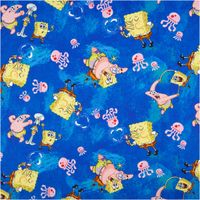 Jersey Stoff in Blau mit SpongeBob- und Patrick-Motiven, umgeben von rosa Quallen, aus Baumwolljersey - Vollansicht