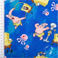 Jersey Stoff in Blau mit SpongeBob- und Patrick-Motiven, umgeben von rosa Quallen, aus Baumwolljersey - mit Massband