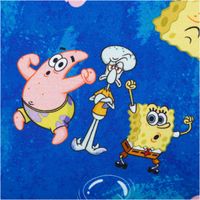 92600-Jersey-Stoff-Sponge-Bob-blau-Baumwolljersey-200g-qm-152cm-Breite-IMG-8471.jpg Jersey Stoff in Blau mit SpongeBob- und Patrick-Motiven, umgeben von rosa Quallen, aus Baumwolljersey - Detailaufnahme