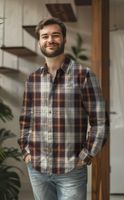 Model mit Herrenhemd aus Flanellstoff mit kariertem Muster in Braun, Blau und Beige, brushed yarn dyed checks