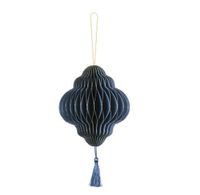 Weihnachtshänger Honeycomb Laterne blau mit Goldrand und Quaste 13x21cm vor weißem Hintergrund