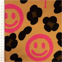 French Terry Stoff in Gelb mit auffälligem Muster aus schwarzen Leo-Flecken und neonpinken Happy-Face-Smileys im Graffiti-Stil, Digitaldruck - mit Massband
