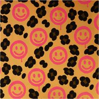 92656-French-Terry-Stoff-Leo-mit-Happy-Faces-neon-pink-Digitaldruck-1-5m-Breite-IMG-8993_1.jpg French Terry Stoff in Gelb mit auffälligem Muster aus schwarzen Leo-Flecken und neonpinken Happy-Face-Smileys im Graffiti-Stil, Digitaldruck - Vollansicht