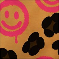 92656-French-Terry-Stoff-Leo-mit-Happy-Faces-neon-pink-Digitaldruck-1-5m-Breite-IMG-8994.jpg French Terry Stoff in Gelb mit auffälligem Muster aus schwarzen Leo-Flecken und neonpinken Happy-Face-Smileys im Graffiti-Stil, Digitaldruck - Nahaufnahme