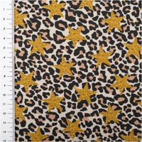 Baumwollstoff Popeline mit Leopardenmuster in Beige, Braun und Schwarz, verziert mit auffälligen goldfarbenen Glitzer-Sternen - mit Massband