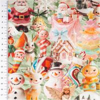French Terry Weihnachtsstoff mit nostalgischen Motiven – bunte Figuren wie Nussknacker, Schneemänner, Rentiere, Weihnachtsmann und Christbaumschmuck auf grünem Hintergrund im Digitaldruck - mit Massband