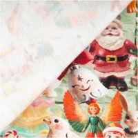 French Terry Weihnachtsstoff mit nostalgischen Motiven – bunte Figuren wie Nussknacker, Schneemänner, Rentiere, Weihnachtsmann und Christbaumschmuck auf grünem Hintergrund im Digitaldruck - mit Rueckseite