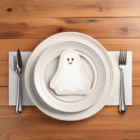 Beige-weiße Halloween-Serviette „Ghostie“, präsentiert als 3-lagige Geist-Form aus FSC-Papier, Packung mit 12 Stück, 13×15 cm - in Szene gesetzt