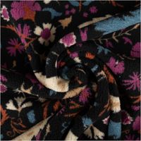 Teddy Stoff Plüsch ALIO mit Blumen- und Ornamentmuster in Schwarz, Lila, Blau und Cremefarben, flauschig-weiche Oberfläche, 1,50 m Breite - kunstvoll eingedreht in Falten
