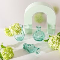 Dekoratives Vasen-Set von Sass & Belle aus recyceltem, transparentem, leicht türkisem Glas. Das Set enthält drei unterschiedliche Flaschenformen mit Rillen-Details. Die Vasen sind jeweils etwa 8×10 cm groß und eignen sich ideal für kleine Blumenarrangement
