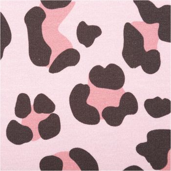 French Terry Stoff mit Leopardenmuster in Dunkelbraun und Rosa auf hellrosa Hintergrund, Digitaldruck, 1,50 m Breite - Nahaufnahme