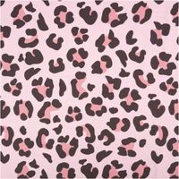 French Terry Stoff mit Leopardenmuster in Dunkelbraun und Rosa auf hellrosa Hintergrund, Digitaldruck, 1,50 m Breite - Vollansicht
