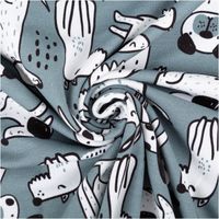 French Terry Stoff mit niedlichem Hundenmotiv in Weiß, Schwarz und Hellblau auf stahlblauem Hintergrund, elastisch und weich, 1,50 m Breite - kunstvoll eingedreht in Falten