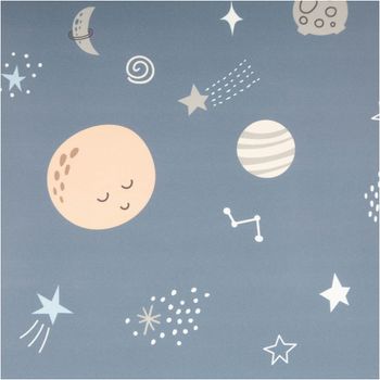 Regenjackenstoff Aqua Protect in Blau mit weicher Oberfläche, bedruckt mit Planeten, Sternen und Monden im Weltall-Design, wasserdicht, 145 cm Breite - Nahaufnahme