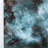 Sweatstoff aus Baumwolle mit realistischem Weltall-Design in Blau-, Schwarz- und Grautönen, Digitaldruck, 155 cm Breite - mit Massband