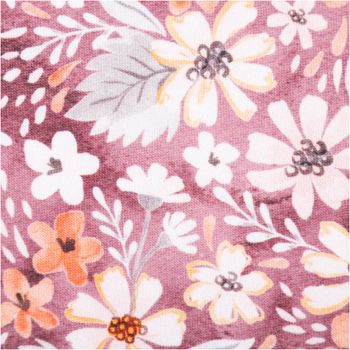 Sweatstoff aus Baumwolle mit floralem Muster in Rosa-, Gelb- und Grautönen auf rosa Hintergrund, Digitaldruck, 155 cm Breit - Nahaufnahme