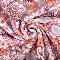 Sweatstoff aus Baumwolle mit floralem Muster in Rosa-, Gelb- und Grautönen auf rosa Hintergrund, Digitaldruck, 155 cm Breit - kunstvoll eingedreht in Falten