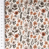 Steppstoff aus Baumwoll-Musselin Doubleface mit braun-beigem Blumenmuster auf wollweißem Hintergrund, Design „Maddy“, 1,30 m Breite - mit Massband