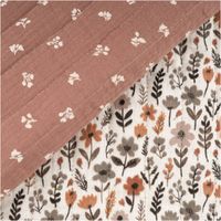 Steppstoff aus Baumwoll-Musselin Doubleface mit braun-beigem Blumenmuster auf wollweißem Hintergrund, Design „Maddy“, 1,30 m Breite - mit Rueckseite
