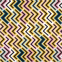 Viskosestoff mit Retro-Zickzackmuster in Senfgelb, Rosa, Mintgrün und Schwarz auf weißem Hintergrund, weich und leicht elastisch, 138 cm Breite - Vollansicht