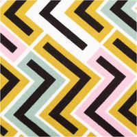 Viskosestoff mit Retro-Zickzackmuster in Senfgelb, Rosa, Mintgrün und Schwarz auf weißem Hintergrund, weich und leicht elastisch, 138 cm Breite - Nahaufnahme