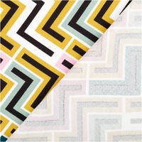 92887-Viskose-Stoff-Rosella-Stretch-Retro-ZickZack-senfgelb-bunt-1-38m-Breite-IMG-0693.jpg Viskosestoff mit Retro-Zickzackmuster in Senfgelb, Rosa, Mintgrün und Schwarz auf weißem Hintergrund, weich und leicht elastisch, 138 cm Breite - mit Rueckseite