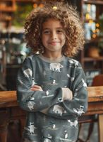 Kind in mintgrünem Sweatshirt mit Wintertier-Motiv (Pinguin, Eisbär, Fuchs) aus French Terry, lächelnd in Innenraum.